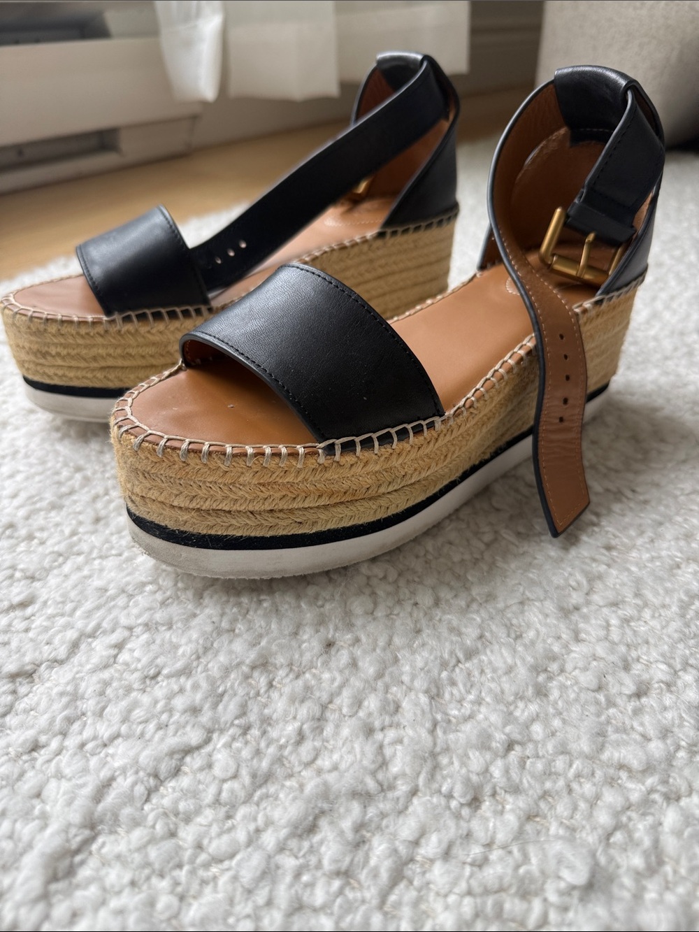 See By Chloe Black Leather Espadrille Platform Sandals